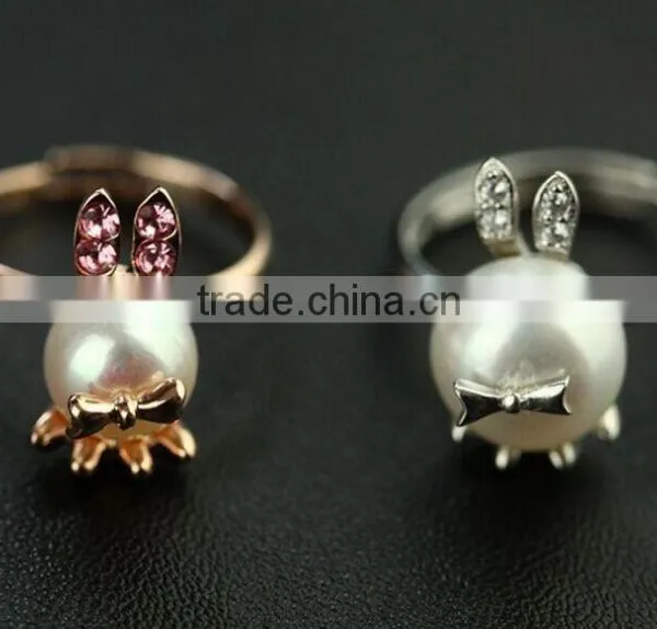 2015 New 18K Gold Plated Bunny Rabbit Pearl Stone Silver Cute Ring photo-3