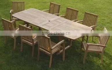 Rectangular Teak Dining Table and 8 Stacking Chairs Garden Outdoor Furniture