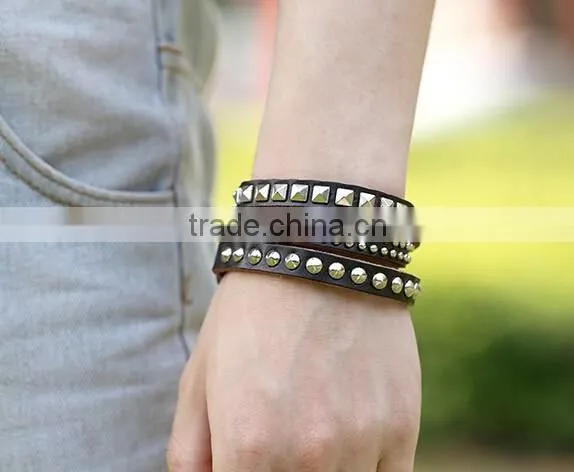 Fashion Vintage Men's Metal Steel Studded Surfer Leather Bangle Cuff Bracelet photo-4