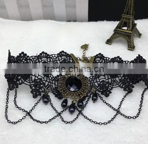 Black Bead Pendant Chain Flower Lace Choker Handmade Women Necklace Gothic Vintage photo-2