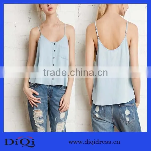 Latest China Wholsale Fashion Button A Word Big Swing Denim Halter Top
