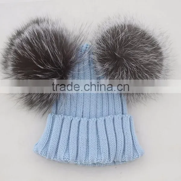 Myfur Lavender Adults Kids Size Customized Double Silver Fox Fur Pom Poms Winter Knit Hat photo-3
