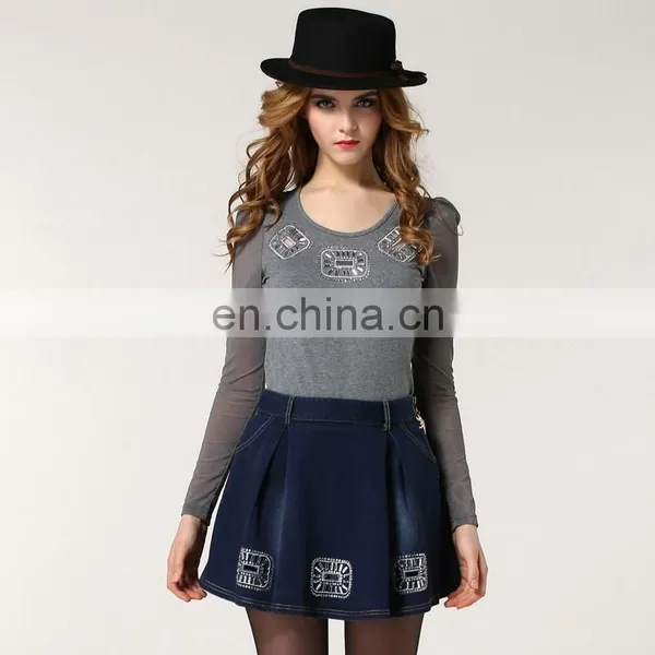 Fashion Spring New Style Long Sleeve Knit T-Shirt Wiht High Waist Demin Skirt Lady Sets