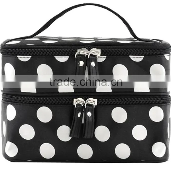 Cosmetic Bag Double Layer Dot Pattern Travel Toiletry Bag Organizer With Mirror,Polka Fabric Makeup Train Artist Case photo-2