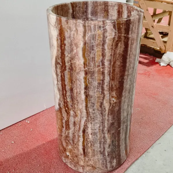 Wholesale Natural High Quality Wood-Grain Marble Stone Free Standing Pedestal Sink Hand Wash Basin for Home Garden and Villa