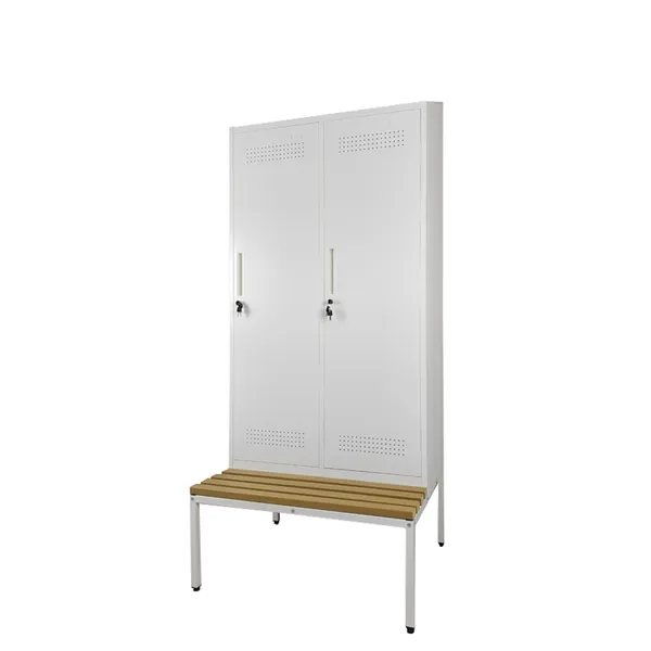 2 Doors White Metal Clothes Locker Customized Storage Cabinet Sloping Top Steel Gym Locker With Bench photo-3