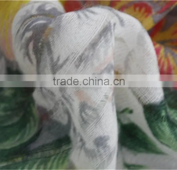 Green and Yellow Floral Printed Light Wool Scarf With Fringe photo-4