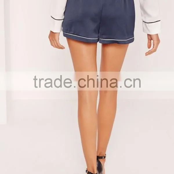 Custom Design Women Shorts Sleepwear Premium Satin Piping Detail Shorts Blue photo-3