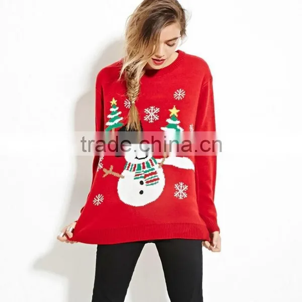 Stock Women Christmas Longline Crewneck Red Knitwear Sweatshirt Knitted Top Long Sleeve Wholesale Bulk photo-6