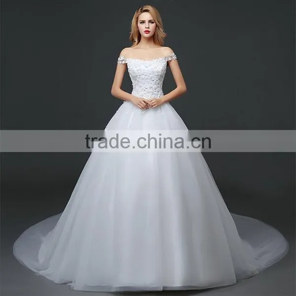MGOO Stock Off Shoulder Flower Emboridery Beaded Back Straps Crossover Wedding Dress Bride Princess Dress photo-3