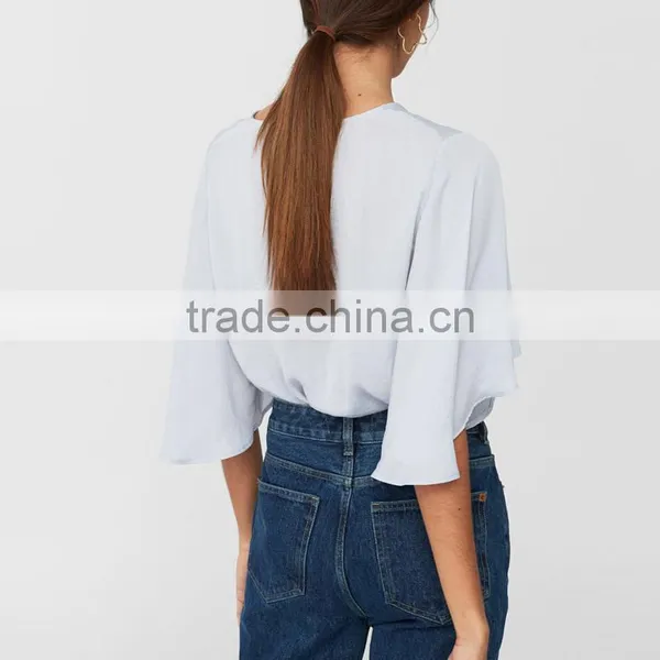 Batwing V Neck Bodysuit Women Casual Frill Sleeve Blouse Designs photo-6