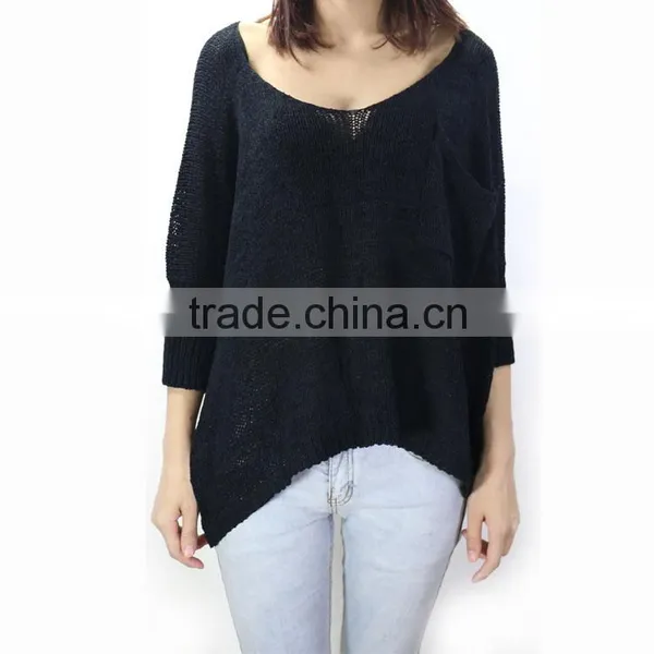 New Fashion Loose Low Round Neck Pullover Sweater Female Bat Sleeve Hollow Sweater photo-3
