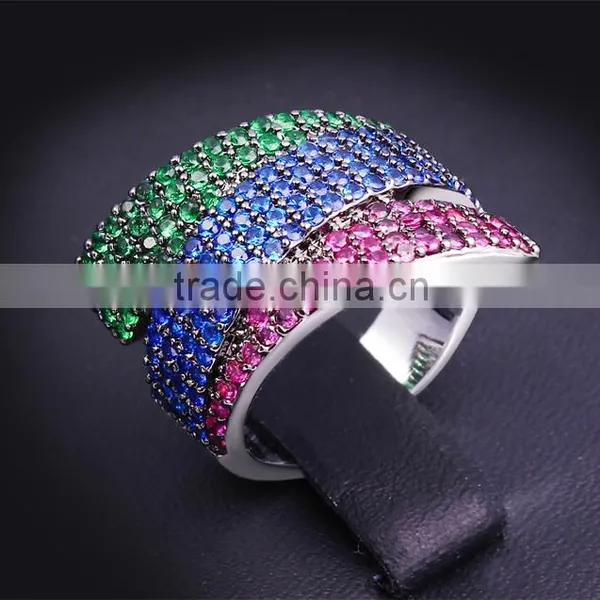 Unique 3 Strips Colorful Cubic Zirconia Siam Emerald Montana Cocktail Party Ring photo-4