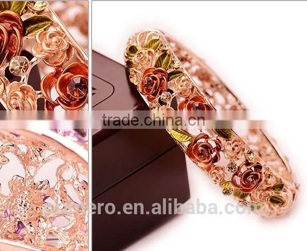Rhinestone Embed Hollow Leaves Blessing Flowers Rose Golden Bracelets Bangles Women photo-4