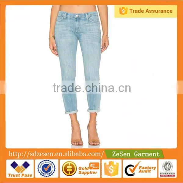 New Style Light Bule Stiletto Slight Whiskering Women Jeans Pant