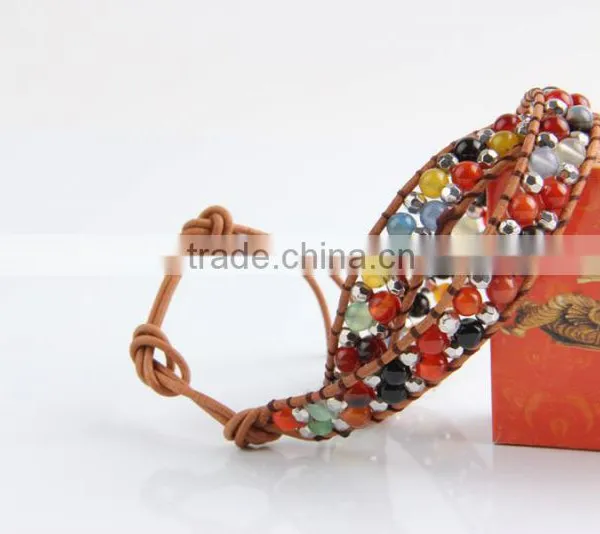 Pure Manual Discus Agate Bracelet Around Two Laps Leather Bracelet Grey Leather Bracelet photo-3