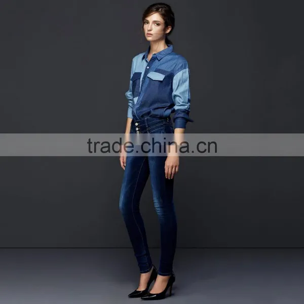 Hot Sale Women Denim Shirt With Pocket and Block Fashion Design Hot Sale photo-5