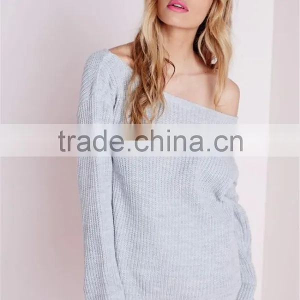 Custom Design Women Oversized Knitwear Plain Longline Sweater For Winter Off Shoulder Knitted Jumper Grey photo-6