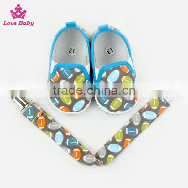 Stylish Rugby Pattern Newborn Blue Color Crib Shoes Baby Shoes Matching Pacifier Clip photo-3