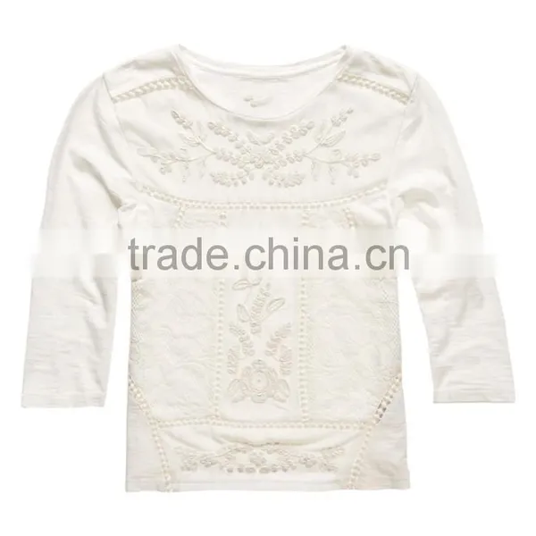 2016 Guangzhou Shandao Wholesaler High Quality Latest Autumn Casual 3/4 Sleeve Round Neck Embroidered Cotton Girl's Stylish Top photo-6