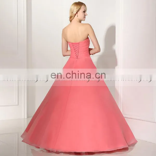 Gorgeous Strapless Sleeveless Lace-Up Organza Ruffles Coral Color Ball Gown Prom Dresses SD364 photo-5