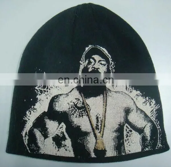 black jacquard knitted beanie hat