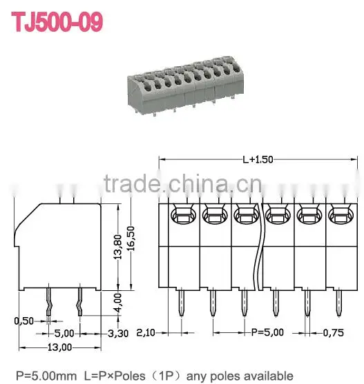 PCB Spring Terminal Blocks Spring Connectors Pitch 5mm, 300V,10A With Steel Brass TJ500-09 photo-2