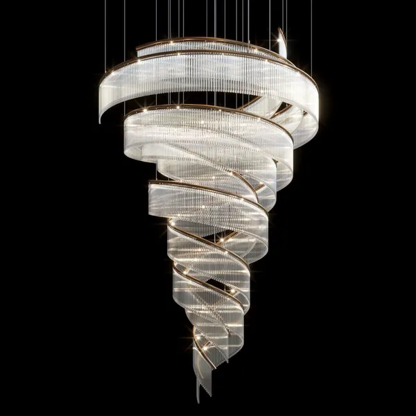 Spiral Staircase Crystal Chandelier Gold Frame Large Custom Hotel Installation