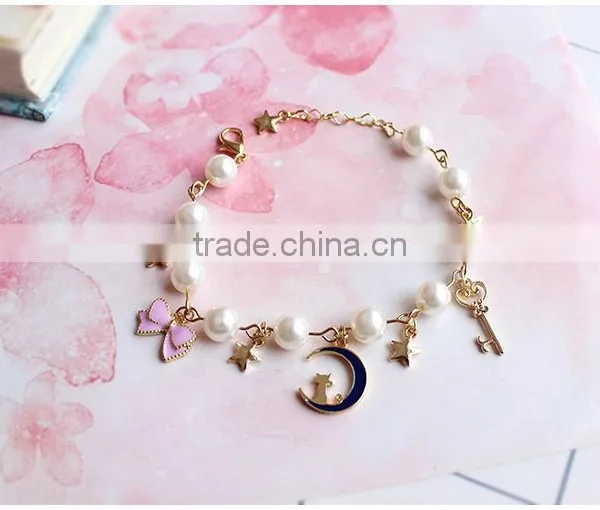 Gold Cat Moon Star Enamel Bowknot Heart Shape Key Charms Bracelet Pearl Bead Linked Bracelet photo-2