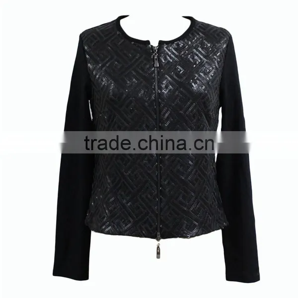 Factory Directly Provide Double Zip Long Sleeve O-neck Womens Black Elegant Blazer photo-2