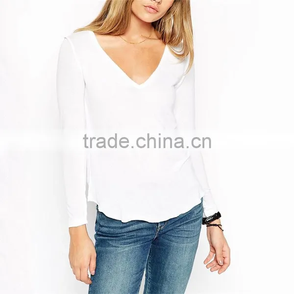 Womens Long Sleeve Plain v Neck Wholesale t Shirts photo-2