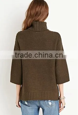 Loose 3/4 Sleeve Acrylic Roll Neck Rib-knit Neckline Fancy Sweaters for Women photo-4