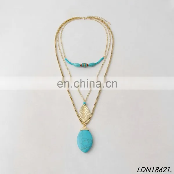 Three Layered Gold Necklace Turquoise Pendant Necklace With Gold Leaves photo-2