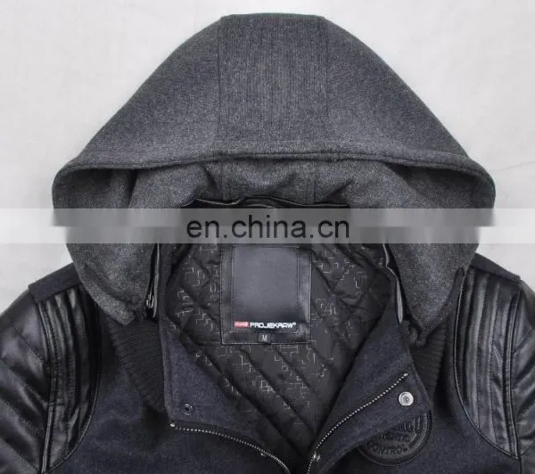 2015 Last Fashion Quilted Movable Hood Baseball Jacket Leather Sleeves photo-4