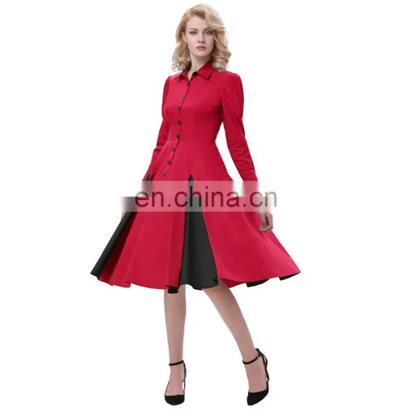 Belle Poque Victorian Style Long Sleeve Shirt Collar Contrast Color Red Retro Vintage Swing Dress BP000366-2 photo-2