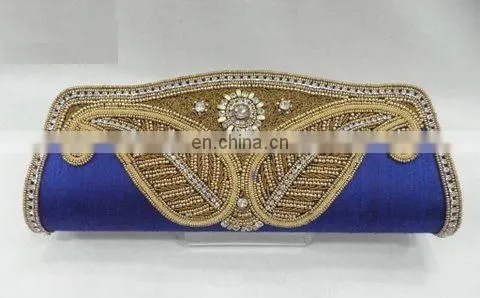 Blue Crystal Golden Embroidery Evening Bridal Purse Clutch Bag