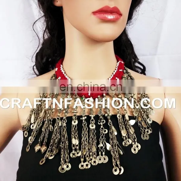 Belly Dance Vintage 1960s Afghani Old Necklace - Kuchi Tribal Necklace - Designer Boho Turkmen Beaded Jewelry photo-2