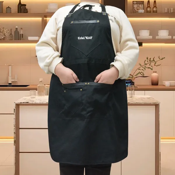 Canvas Work Apron Belt Ornament Zipper Pockets Adjustable Neck Strap Heavy Duty Unisex Kitchen BBQ Gardening Black Apron