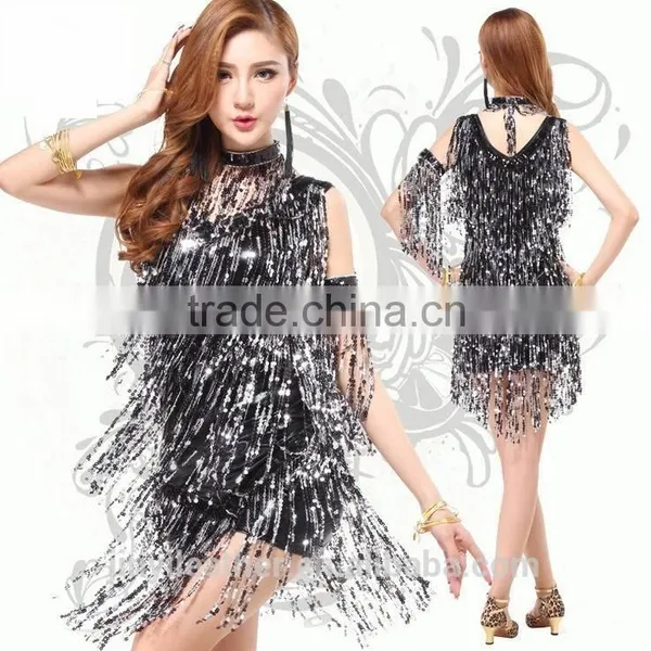 Sequin Latin Dance Dress, Sexy Tango, Salsa, Rumba, Samba Dancing Dresses, Adult Knee Length Latin Ballroom Dress, Stage Cotumes