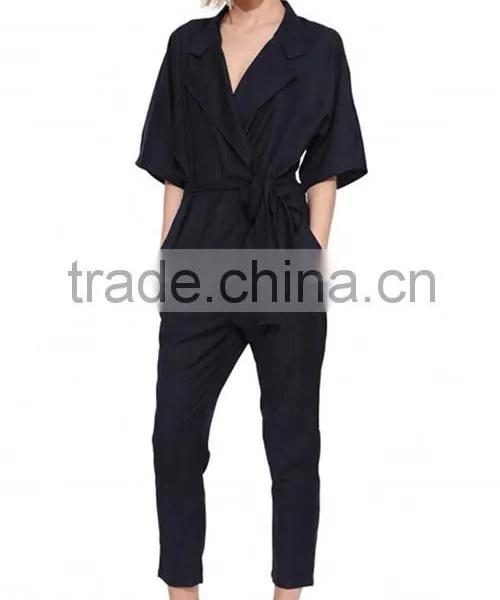 Women V Neck Belted Short Sleeve Stripe Regular Fit Jumpsuit photo-3