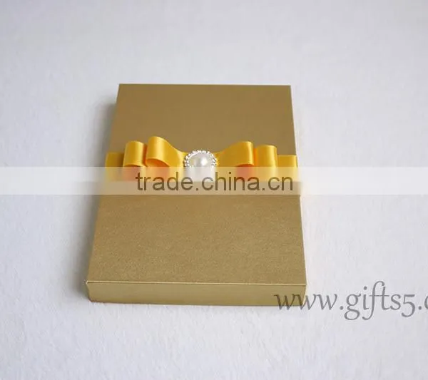 Luxury Handmade Gold Wedding Invitations Box With Ribbon Bow photo-2