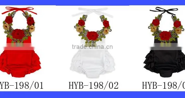 Red Embroidery Flower Halter Backless Boho Newborn Baby Vintage Romper photo-6