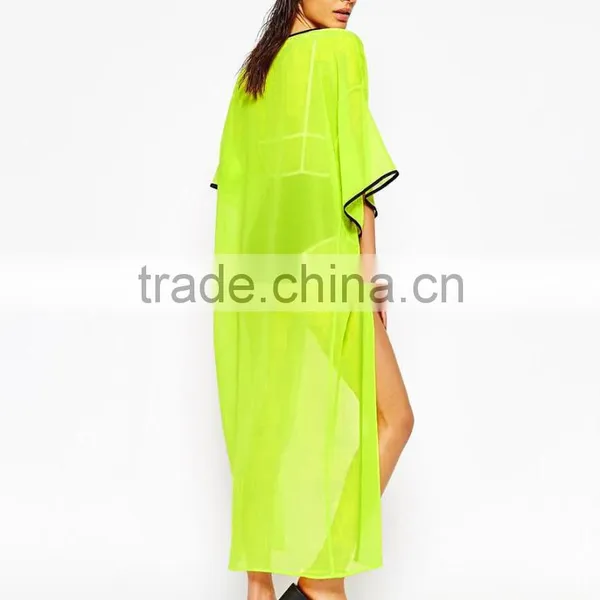 Summer Beach Style Women Beachwear Cover Up Beach Ladies Sexy Contrast Trim Long Beach Kimono Style Swimwear photo-6