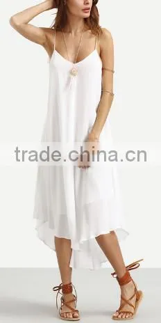2016 Beach Wear White Spaghetti Strap Tassel Backless Sleeveless V Neck Asymmetrical High Low Midi Dress photo-3