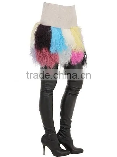 YR947 Fringed Patchwork Mongolia Wool Skirt Real Timbet Lamb Fur Skirt photo-2