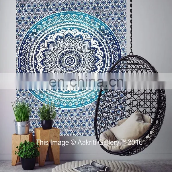 Indian Tapestry Wall Hangings Mandala Ombre Blue Color Throw Twin Size Embroidered Tapestry