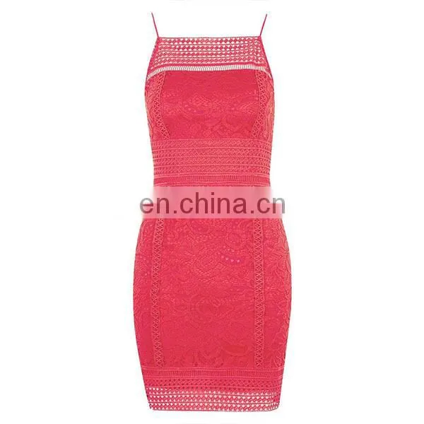 Elegant Women Dress Fashion Design Red Color Floral Crochet Bodycon Dress photo-5