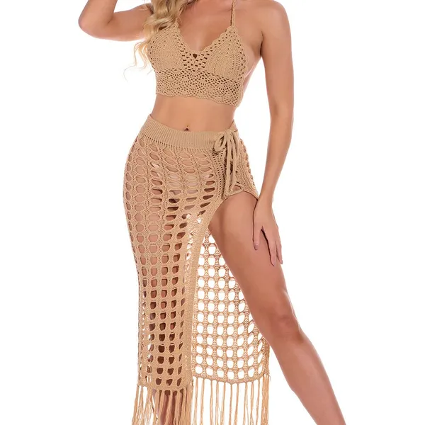 Hand-woven Beach Hollow Tassel Split Swimsuit Suit photo-5