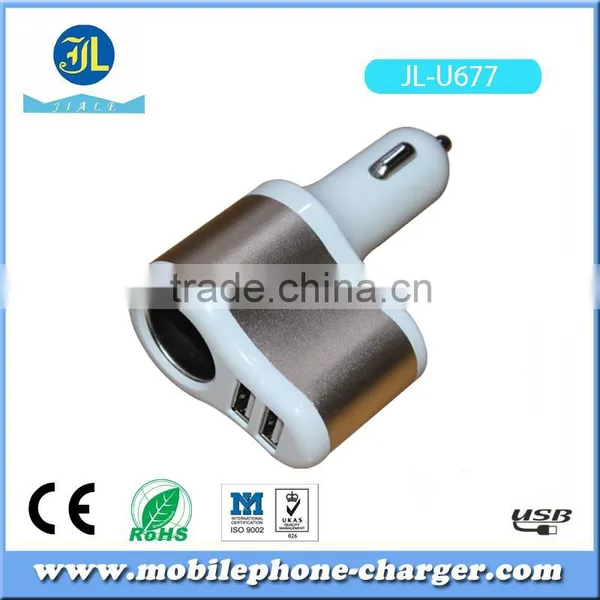 Cellular Phone USB Car Charger Multifunctional 2in1 USB Charger With Car Cigar Lighter Power Adaptor
