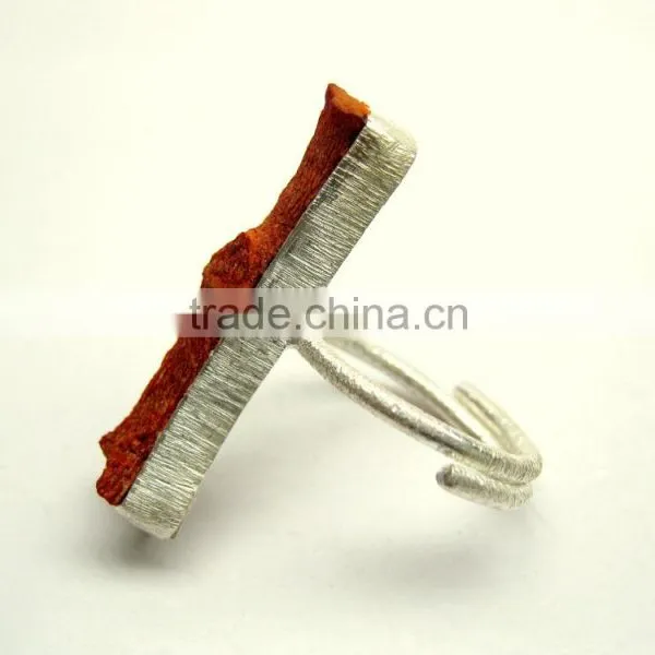 Coral Raw Natural Gemstones Ring, Matt Finish Adjustable Rings, 925 Solid Sterling Silver Coral Rings photo-3